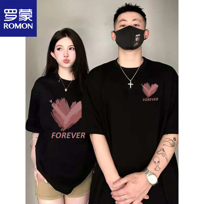罗蒙（ROMON）特别的网红diy颜料情侣装夏装t恤2026新款夏季感短袖班服套装 绿色蝴蝶-男黑+女白 S XL =男S/女XL