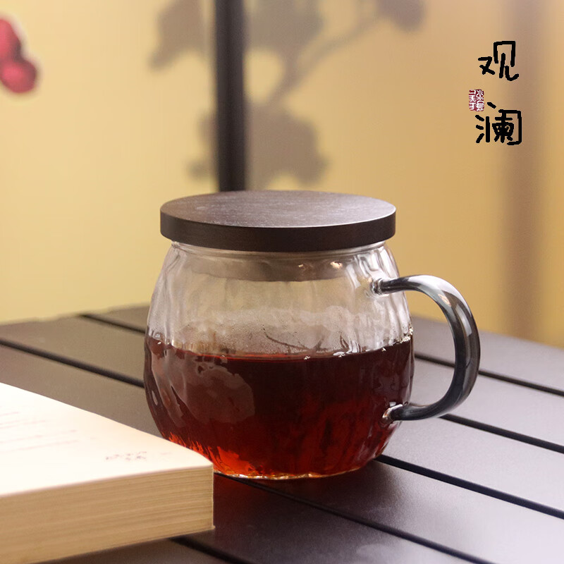 高颜值玻璃杯可加热牛奶果汁杯带盖把泡茶杯男女办公家用喝水杯子 树皮纹胖胖杯(水杯)