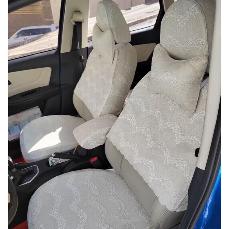 傲程凱美瑞RAV4榮放漢蘭達亞洲龍半截蕾絲汽車座套刺繡布藝全包座墊 水波紋-白色半包