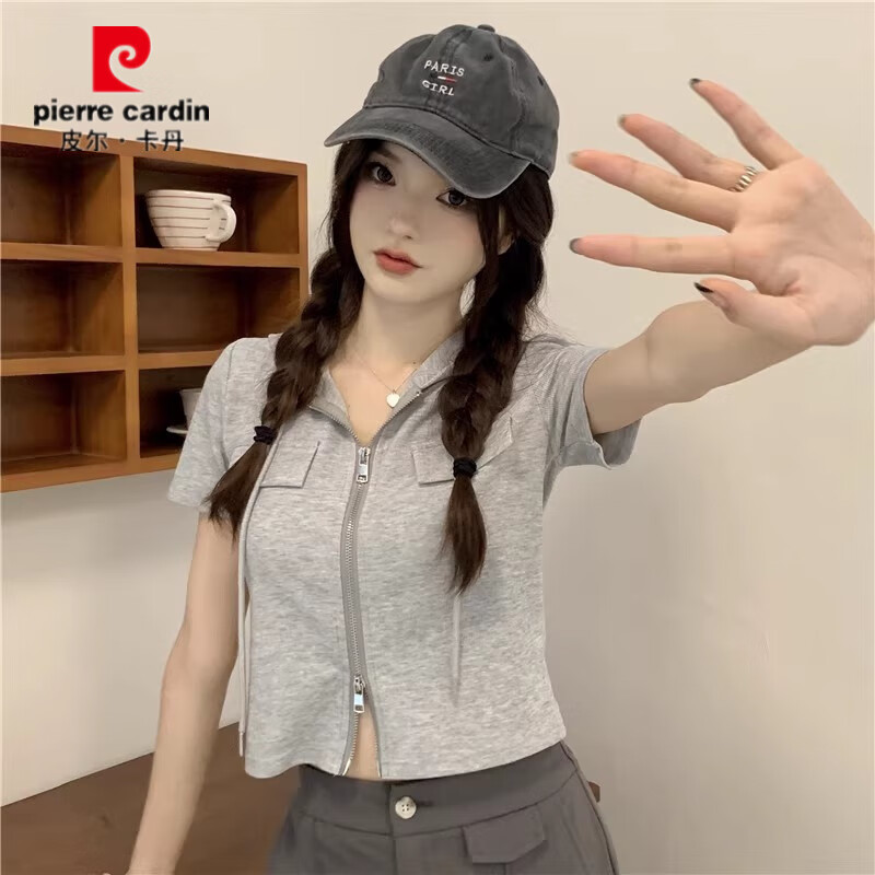 皮尔卡丹(pierre cardin)拉链连帽短袖t恤女2026夏季新款韩系修身显瘦遮肚子短款甜辣上衣 灰色【面料不起球不掉色】 M 建议86-100斤