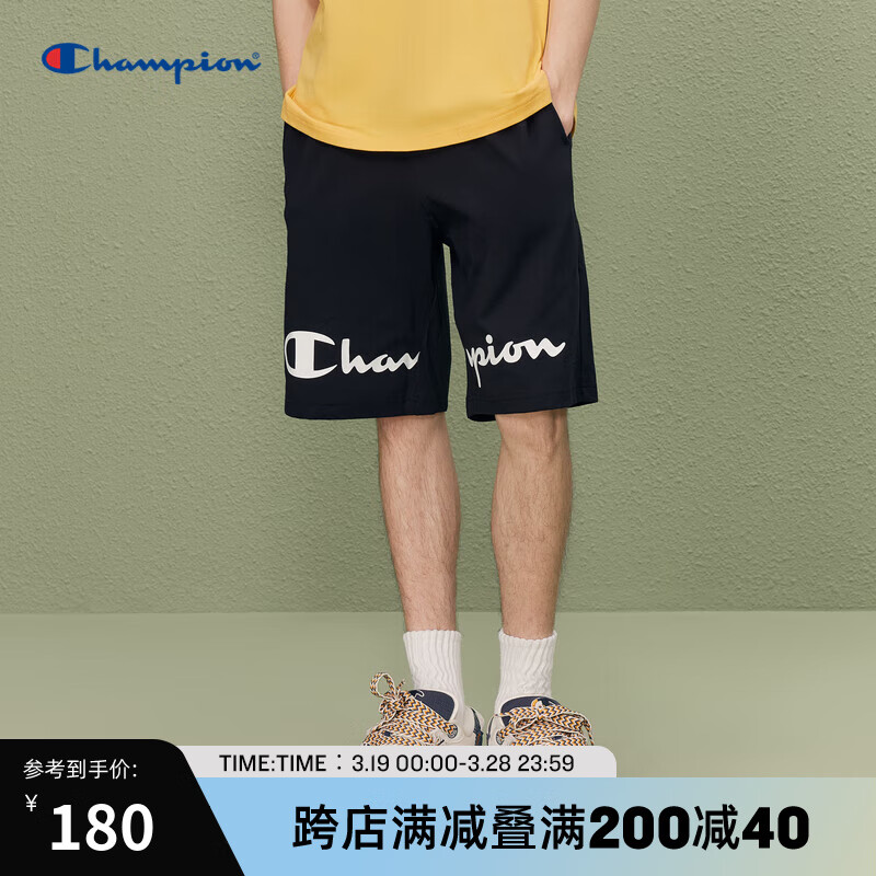 Champion冠軍全棉運動短褲男23夏季新款美式字母印花潮牌休閑褲女 黑色 S