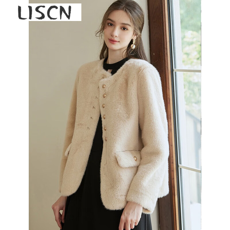 LISCN環(huán)保皮草圓領(lǐng)仿貂絨皮毛一體外套女2025冬裝新款米色仿金貂絨外套 杏色 M