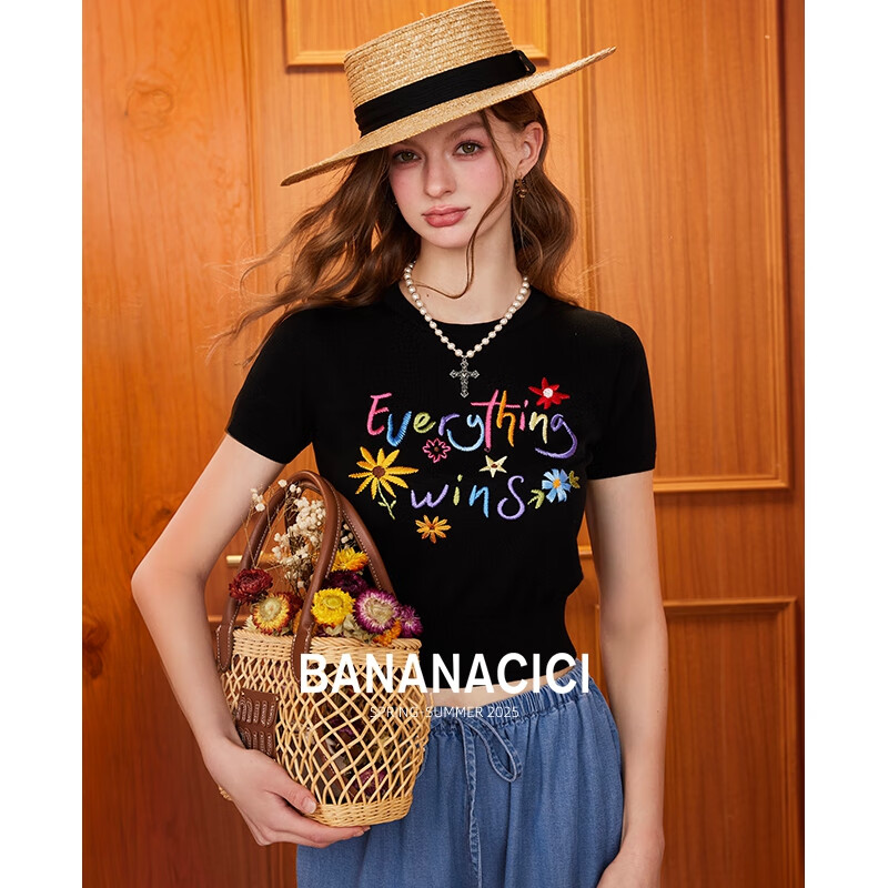 banana cici2025年夏季新款原创胜利花刺绣100%莱赛尔短袖针织衫C252MY624 黑色 XL