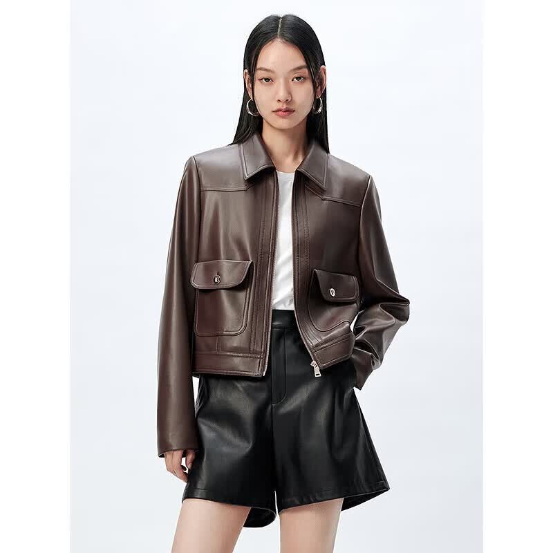 太平鸟女装短外套PU皮衣女秋装时尚高级感翻领旷野美拉德 咖色2 S 