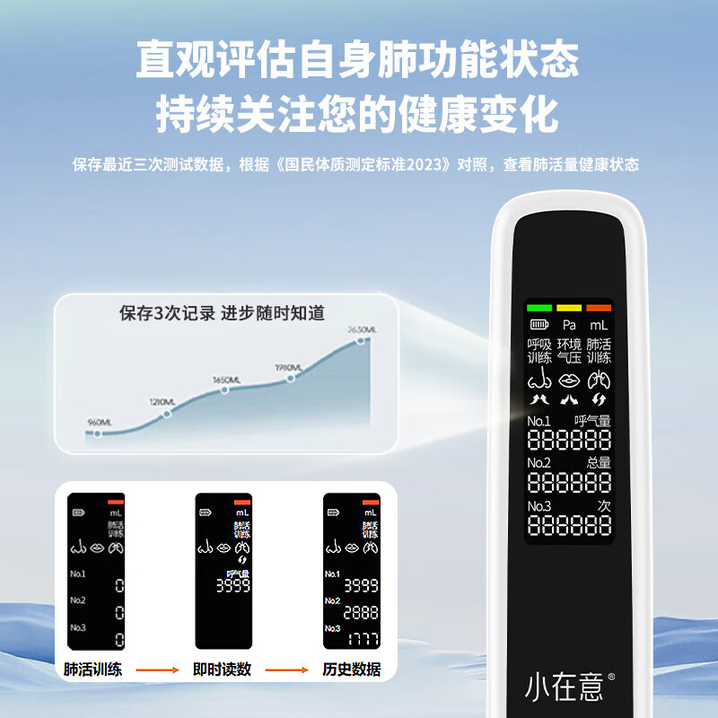小在意便携肺活量呼吸训练器成人老人儿童慢阻肺锻炼肺部功能测试仪 【升级款语音指导】训练器【赠3个吹嘴+陪练小程序】