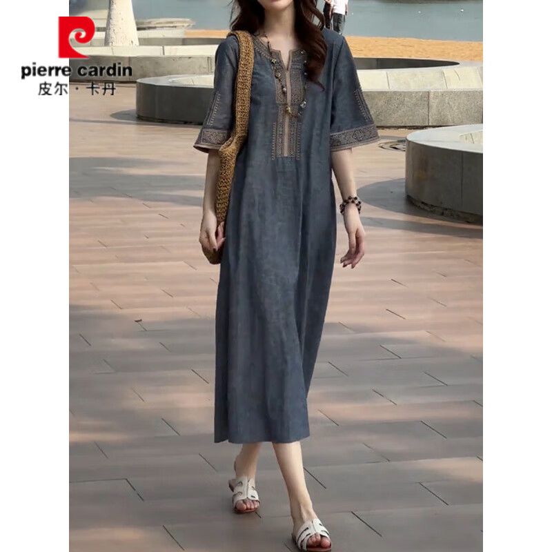 皮尔卡丹(pierre cardin)复古轻奢气质重工刺绣连衣裙女2026夏季新款大码宽松显瘦百搭裙子 牛仔蓝【高品质】 XL 【121-140斤】