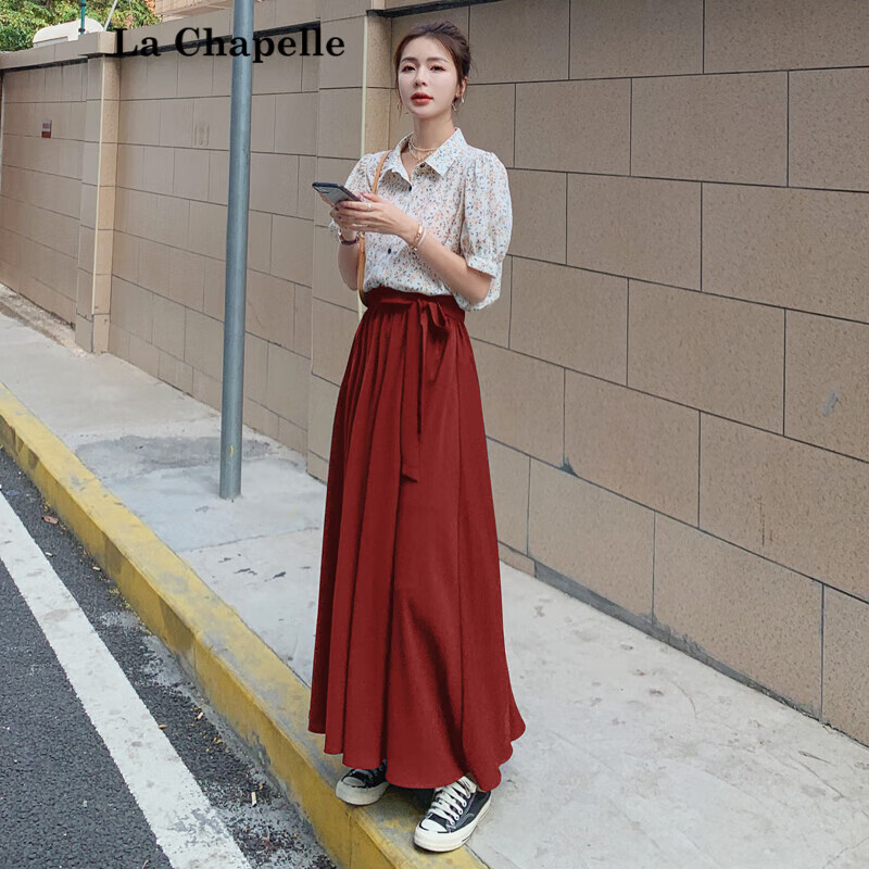 拉夏贝尔（La Chapelle）法式雪纺红色连衣裙女夏2025年新款收腰显瘦碎花半身裙套装长裙子 红色 2XL (151斤-160斤)