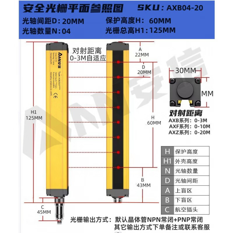 安全光幕安全光柵傳感器紅外光柵安全光柵光幕傳感器紅外對(duì)射光柵 AXB04-20
