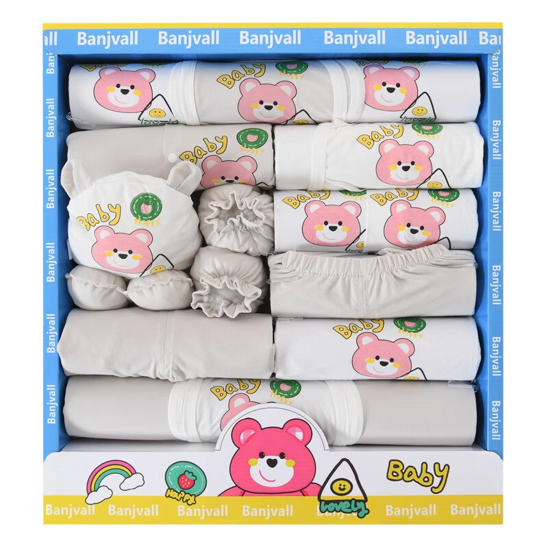 班杰威尔（Banjvall）新生儿礼盒婴儿衣服纯棉初生0-6个月宝宝衣服用品满月见面礼 夏季豆包熊灰色A款 66码