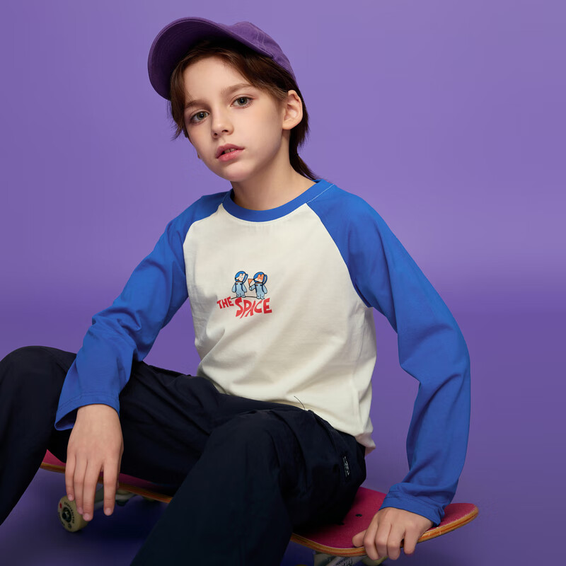 马骑顿(MQD)MQD童装男大童25新品潮酷休闲撞色插肩袖卡通圆领T恤亲子 宝蓝 120