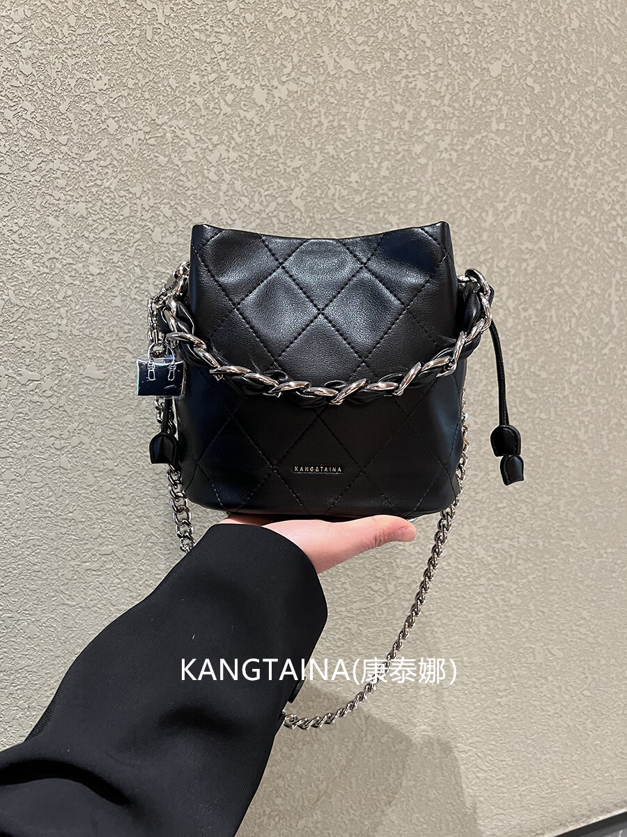 羊皮水桶包包女通勤链条手提包单肩斜挎包真皮 黑色kangtaina康泰娜