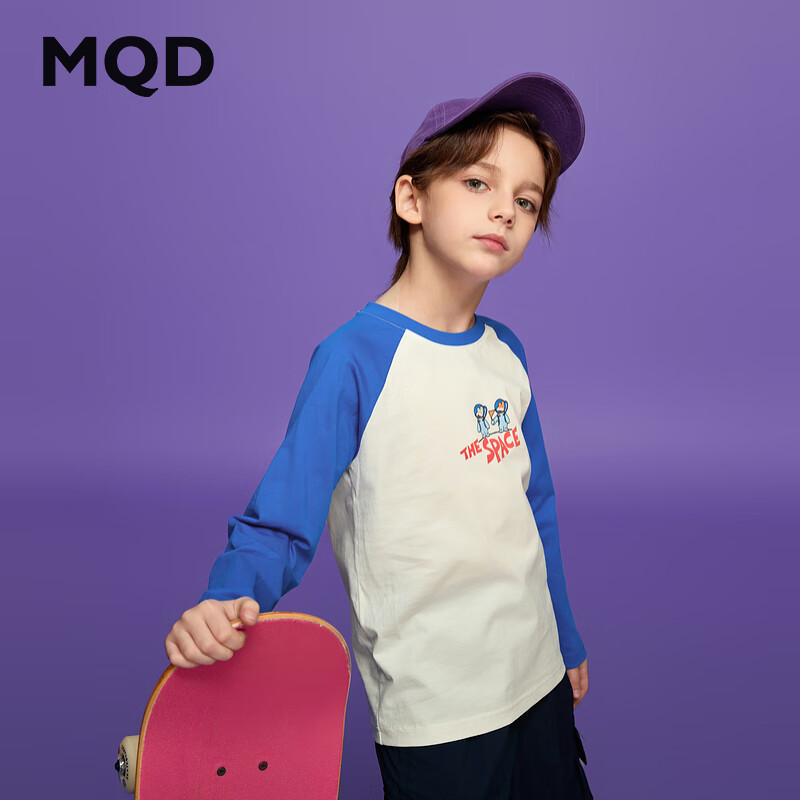 马骑顿(MQD)MQD童装男大童25新品潮酷休闲撞色插肩袖卡通圆领T恤亲子 宝蓝 120