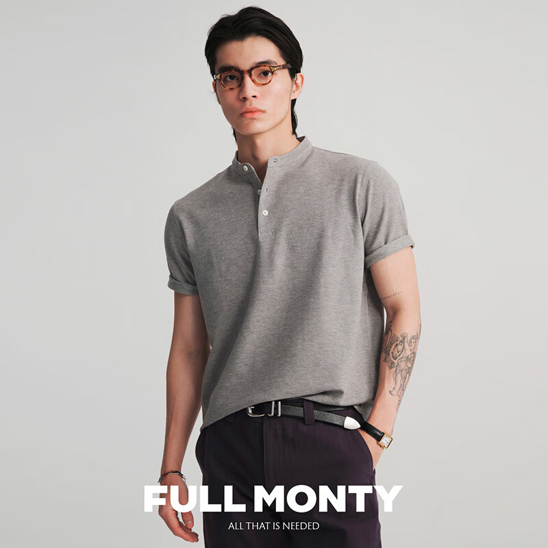 FULL MONTY【亨利领T恤】新款男士浅灰色珠地T恤休闲商务内搭短袖2025夏季 浅灰色70096 L
