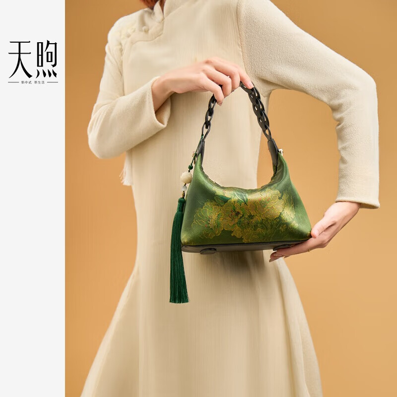 天煦中国风复古印花香云纱女包桑蚕丝布包女士手提包母亲节礼物妈妈包 墨绿色-香云纱印花-礼盒装