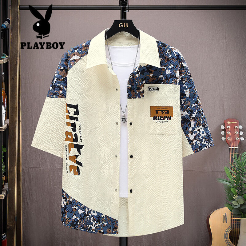 花花公子（PLAYBOY）泡泡纱冰感短袖衬衫男士夏季薄款速干凉感青少年拼色工装衬衣外套 白色 XL 约120-145斤可穿