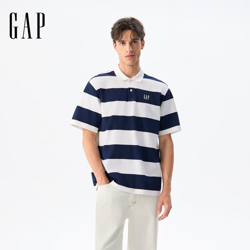 GAP男女装春夏经典款logo重磅纯棉条纹polo短袖T恤宽松727619 海军蓝 XS (165/84A) 亚洲尺码