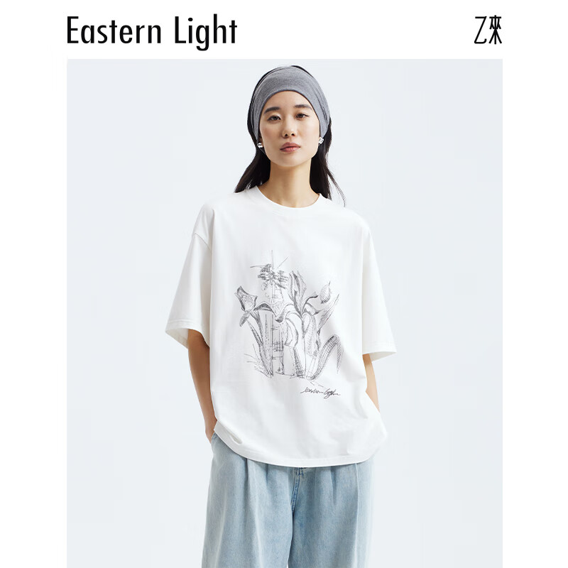 乙来（EASTERN LIGHT）2026夏季新款手绘鸢尾印花短袖T恤女装上衣显瘦潮流可外穿气质 纯净白 S