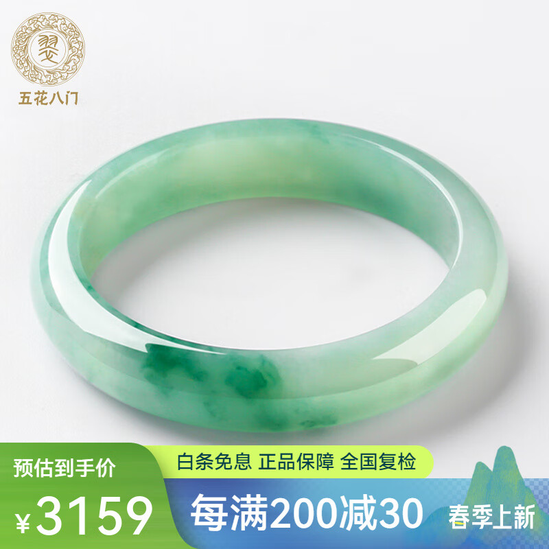 五花八门新年礼物礼物缅甸老坑翡翠手镯女玉镯子糯冰飘花贵妃玉镯天然浅绿 多个圈口 细节看货