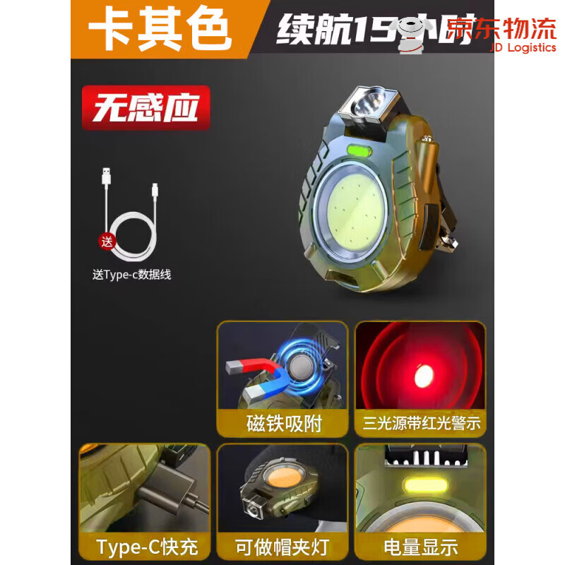 神魚（SHENYU）帽夾燈強(qiáng)光充電超亮頭戴式頭燈超長續(xù)航感應(yīng)夜釣魚專用夾帽檐沿 卡其色 無感應(yīng) 鑰匙扣燈帽夾燈二