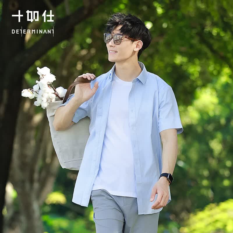 十如仕短袖白衬衫男高端高支免烫抗皱商务休闲正装纯棉衬衣 301 浅蓝色-常规版 均码 42【180/100A】