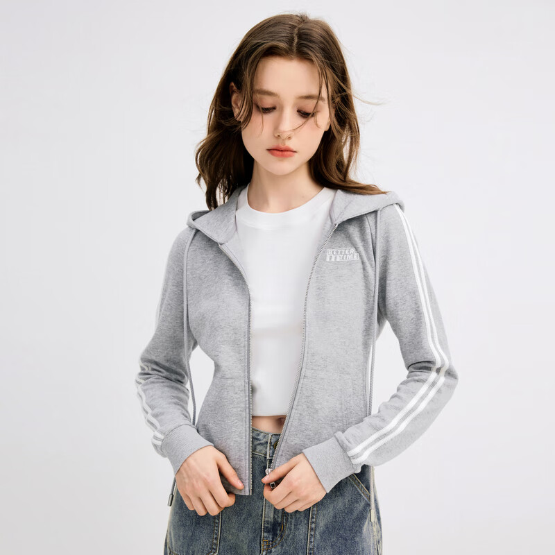 乐町韩系学院风秋季新款修身运动连帽衫收腰拉链开衫卫衣外套 灰色(现货) S