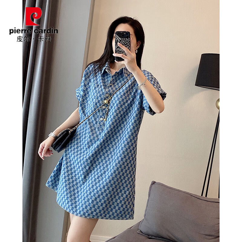 皮尔卡丹（pierre cardin）2-300斤胖mm牛仔蓝连衣裙女夏季新款特大码中长款宽松短袖t恤裙子 蓝色连衣裙 XL 【建议120-150斤】