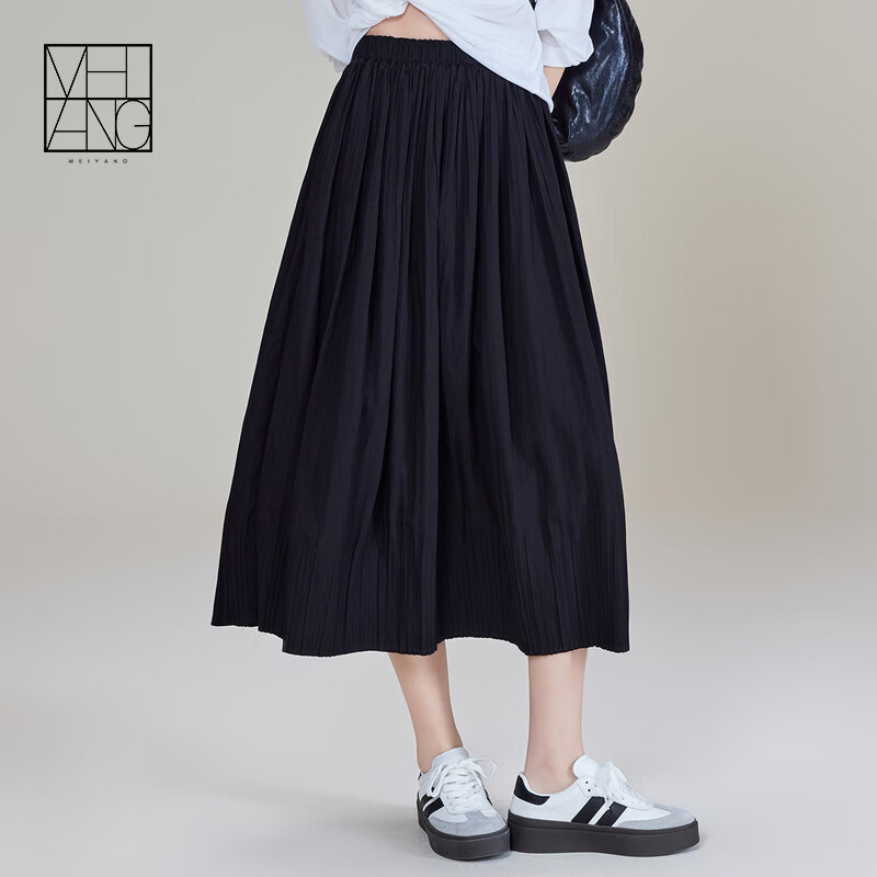美洋（MEIYANG）福气半裙 轻量无感立体褶皱松紧腰宽松花苞裙 黑色 S