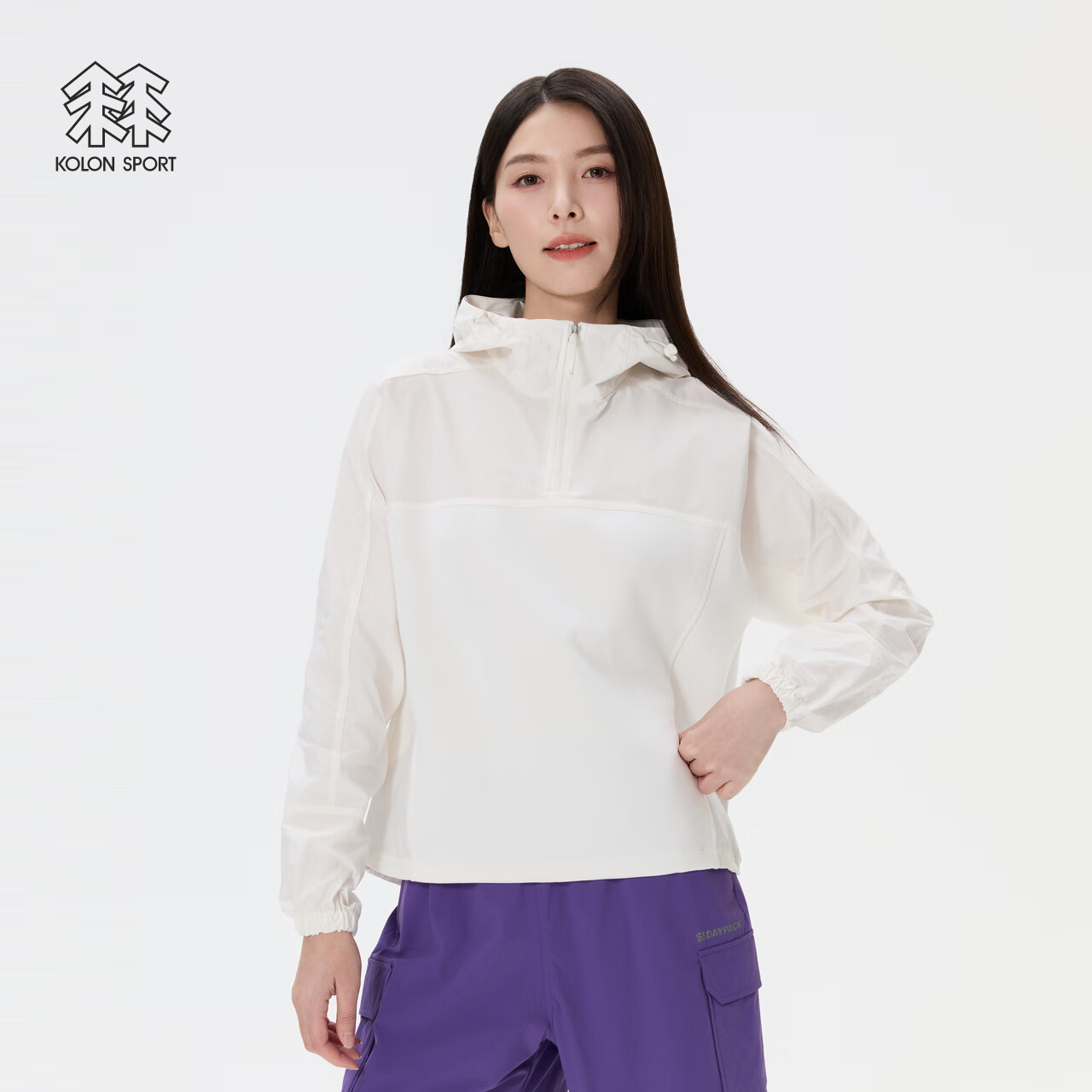 KOLON SPORT/可隆卫衣 女子露营梭织拼接宽松户外休闲衣连帽上衣 LKMT5STK32-IV 象牙白 M 165/88A