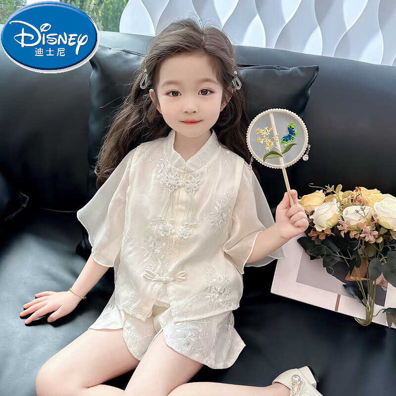 迪士尼（Disney）漢服女童新中式套裝夏季2025新款兒童國潮風衣服寶寶網(wǎng)紅炸街童裝 杏色 90 cm