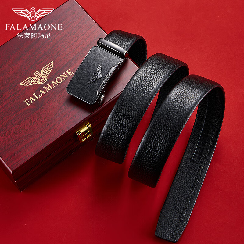 法莱阿玛尼（FALAMAONE）皮带男真皮自动扣男士腰带头层牛皮商务裤腰带高档生日礼物送老公 百搭枪色|专柜礼盒|PD868Q 110cm -130cm联系客服备注长度