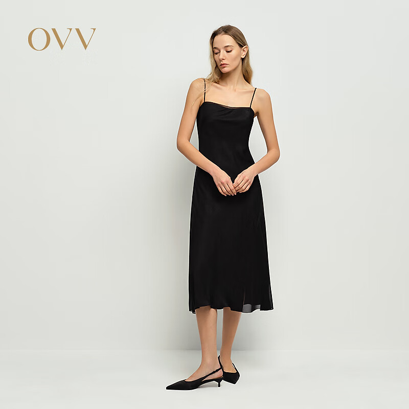 OVV2025春夏新款女装经典A字长款吊带连衣裙小黑裙 赫本黑 M