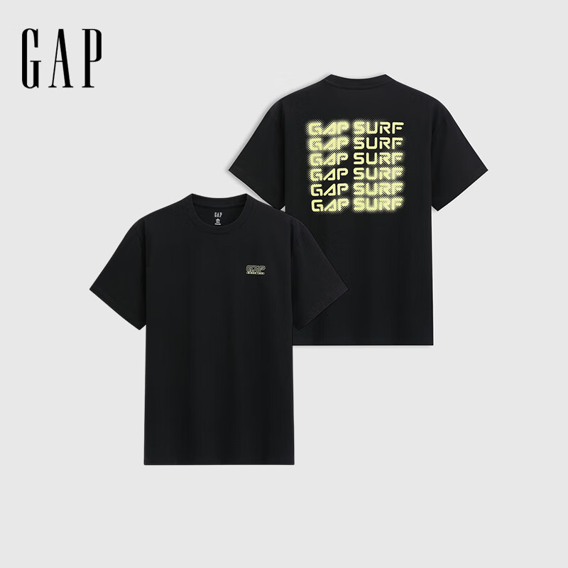GAP男女装夏季款纯棉印花logo圆领短袖T恤宽松上衣727771 黑色 L (175/96A) 亚洲尺码