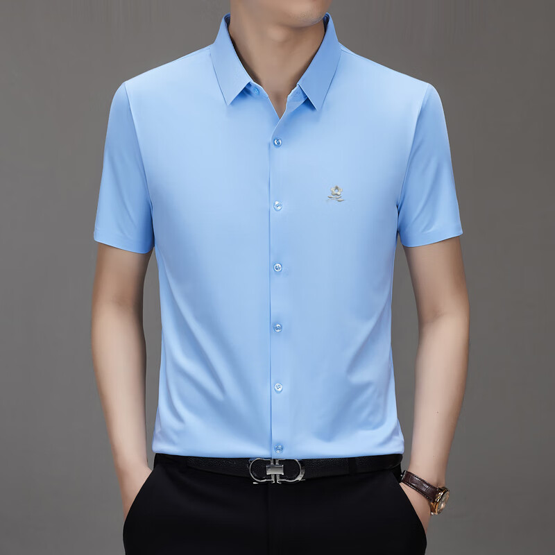 梦特娇（MONTAGUT）短袖衬衫男士桑蚕丝中年休闲纯色衬衣男免烫2025夏季新款 浅蓝 XL 180码