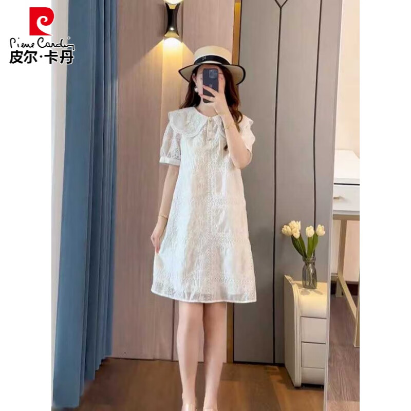 皮爾卡丹（pierre cardin）蕾絲拼接娃娃領小個子連衣裙女夏新款時尚洋氣短袖雪紡a字公主裙 米白色 2XL 大【140-160斤穿】