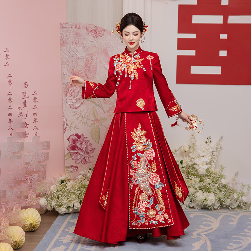 勤馳秀禾服新娘婚紗2024新款中式婚服結(jié)婚敬酒禮服古裝嫁衣婚服25小個 酒紅 S 均碼