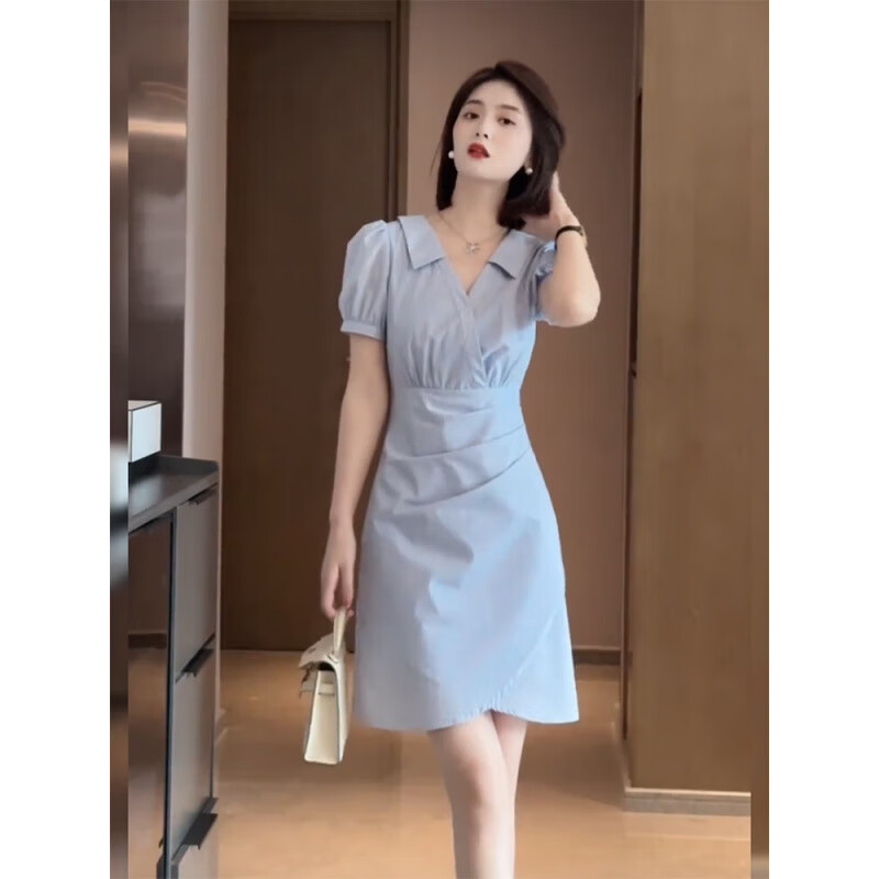 語森憶適合矮個子女人穿的連衣裙小個子夏季短袖修身收腰顯瘦女神范裙子 純色連衣裙 L