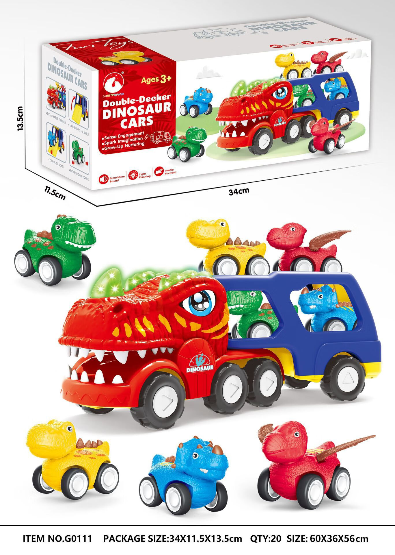 新款新款电动喷雾恐龙车霸王龙双层运输车回力恐龙玩具车套装 G0111大号霸王龙运输车【不带喷雾送4只回力恐