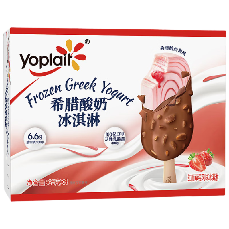 优诺（yoplait）希腊酸奶冰淇淋草莓口味雪糕 65克*4支 脆皮 冰激凌
