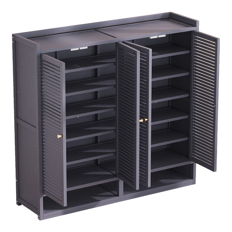 竹艺佳家用门口简易鞋架收纳置物鞋柜大容量好看楼道省空间出租屋用走廊 百叶门-灰色【加宽32CM】 三门七层-长88宽32高95CM