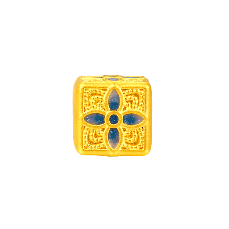 梦金园520礼物 黄金转运珠 万纯金珐琅青花系列硬金转运珠串珠 团花-单颗约0.8g-赠合金手链