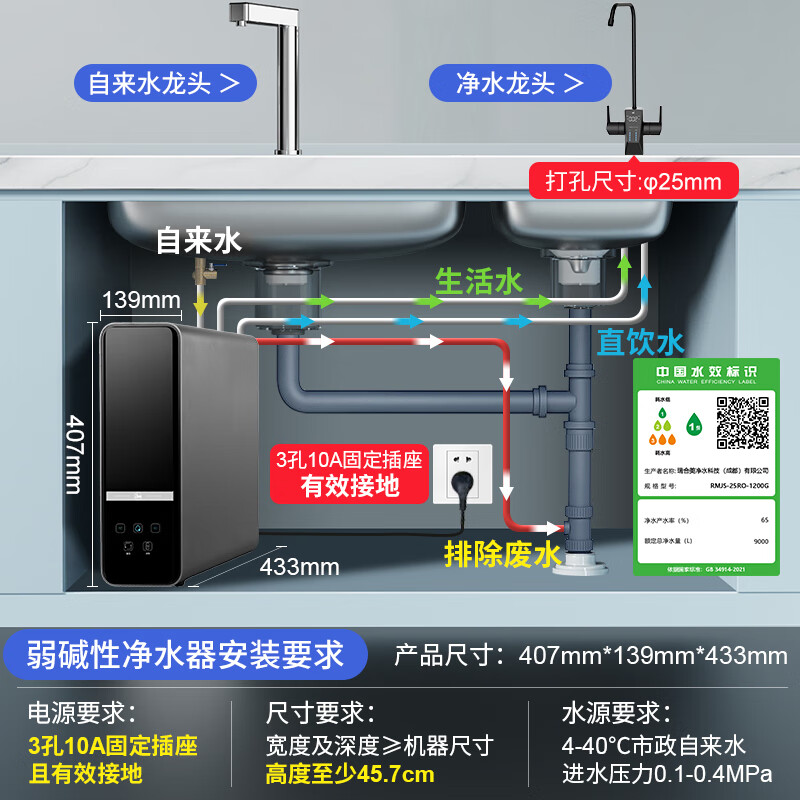 Rheem美国瑞美弱碱性水净水器1200G大通量直饮式RO反渗透母婴直饮机0陈水0阻垢剂 5年滤芯0费用【弱碱性净水器】
