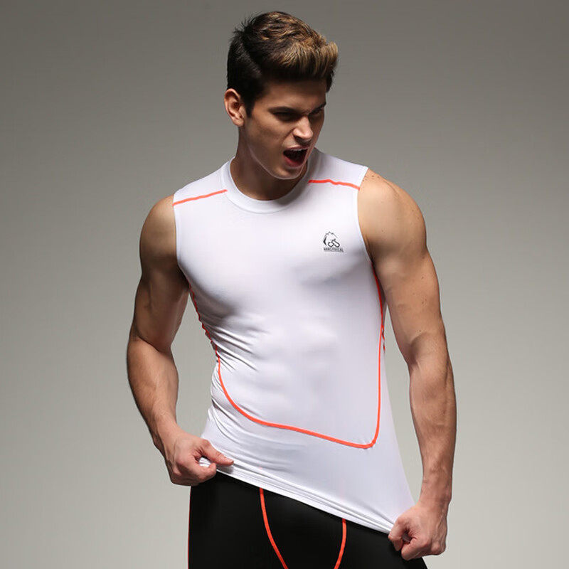 虎迹Tiger track健身服运动紧身衣健身房训练压缩衣速干圆领上衣 白色无袖 M