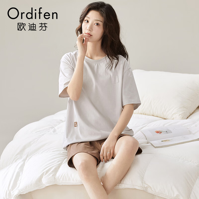 欧迪芬睡衣女宽松夏款轻薄舒适透气短袖短裤两件套休闲简约百搭家居服 粉色 2XL 【130-150斤】