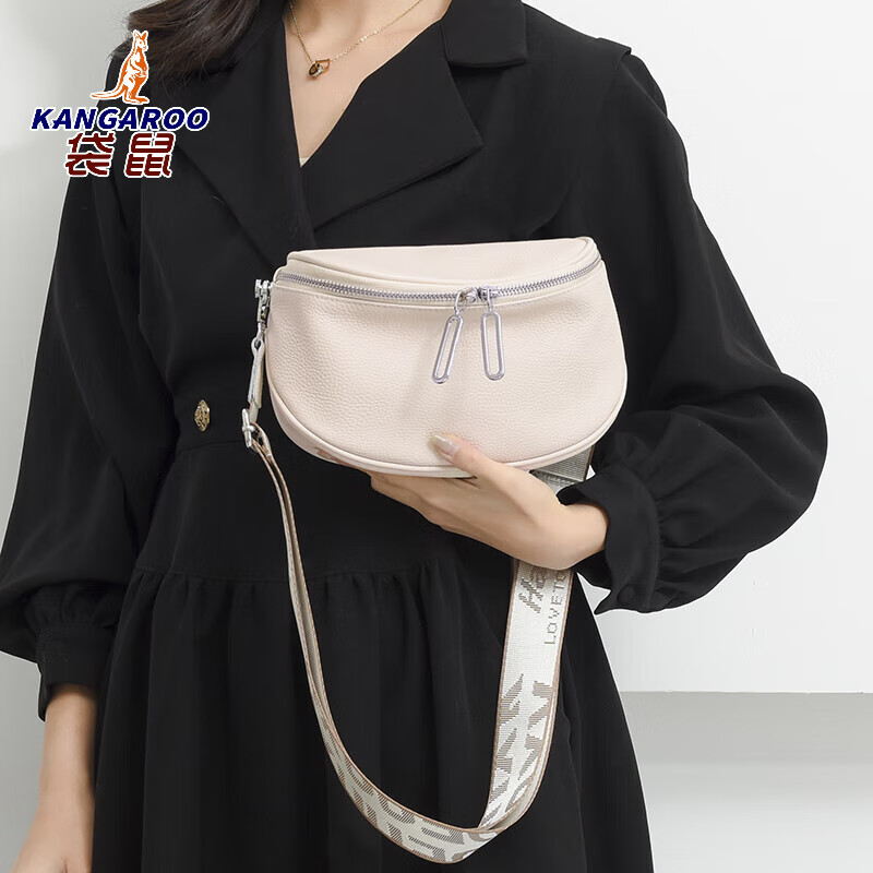 袋鼠(KANGAROO)包包女牛皮2025年新款时尚斜挎包女胸包潮流大容量马鞍包真皮女包 黑色