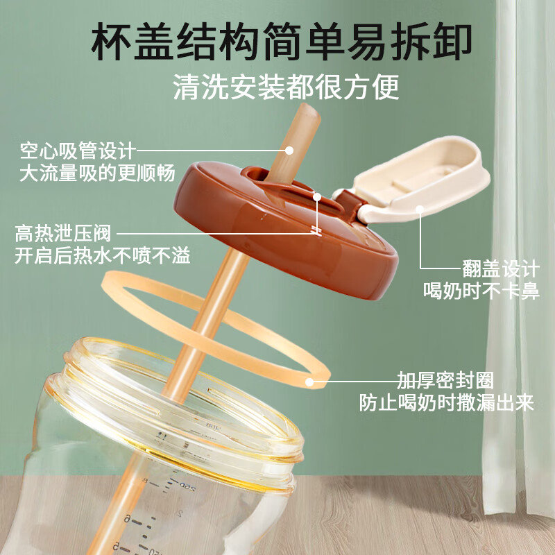 咪小兔适配世喜奶瓶配件直饮吸管奶嘴杯盖鸭嘴保温杯重力球四喜水杯头 直饮吸管杯盖棕【圆孔无挡片】18月+