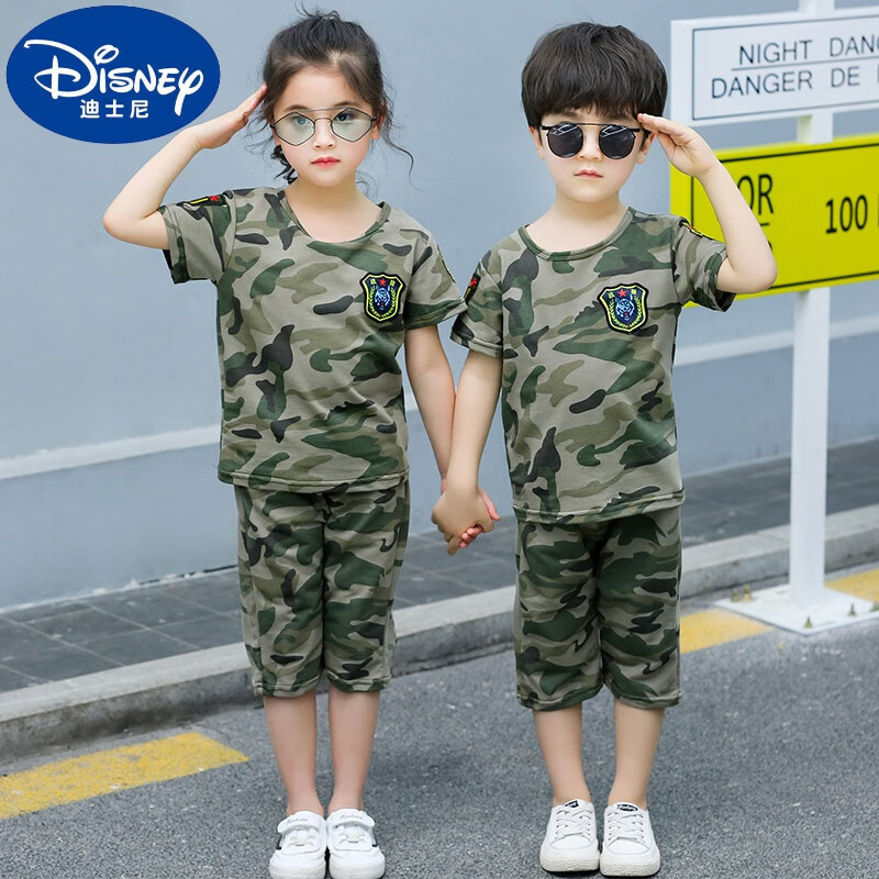 迪士尼（Disney）兒童套裝軍訓(xùn)服2025夏季短袖短褲男女夏裝童小孩迷彩服兩件套 熱售軍綠迷彩 90 建議身高80-85cm 1-2歲
