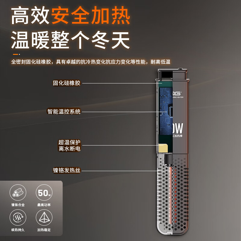 SQG智能变频加热棒 适配当贝鱼缸/小米鱼缸 自动恒温多功能精准控温 100W智能加热棒