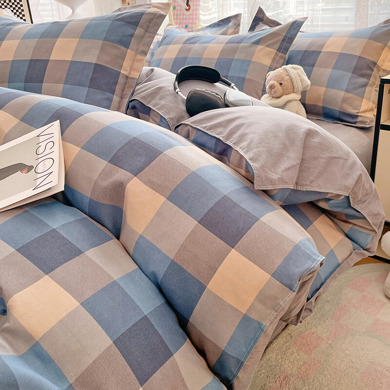羽匠加厚磨毛小清新印花四件套学生宿舍套件家用床单柔软四件套秋冬季 千趣格 床单款 三件套（被套150*200cm）