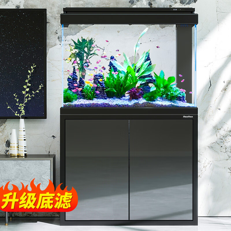 森森（SUNSUN）新款超白鱼缸客厅玻璃大型水族箱智能触控家用免换水底滤缸 加宽1.2米42宽 无极变光+新式底滤 曜石黑