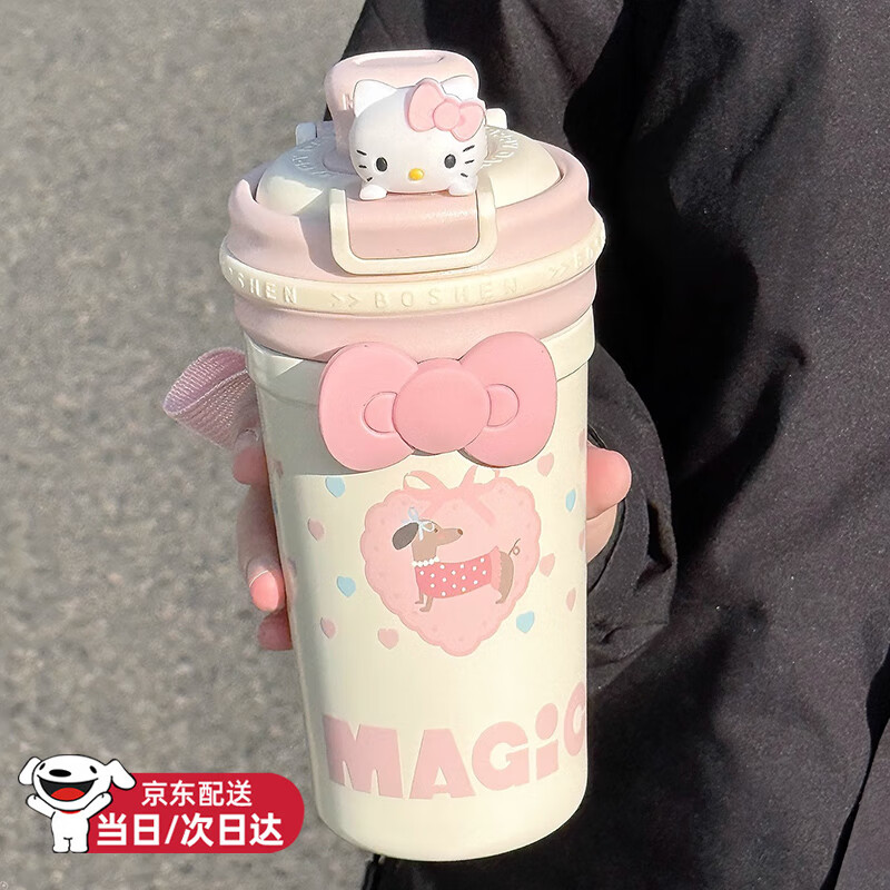 oktp可爱双饮保温杯学生女高颜值316带吸管水杯咖啡杯子水壶生日礼物 粉色410ml【带茶漏+赠蝴蝶结】